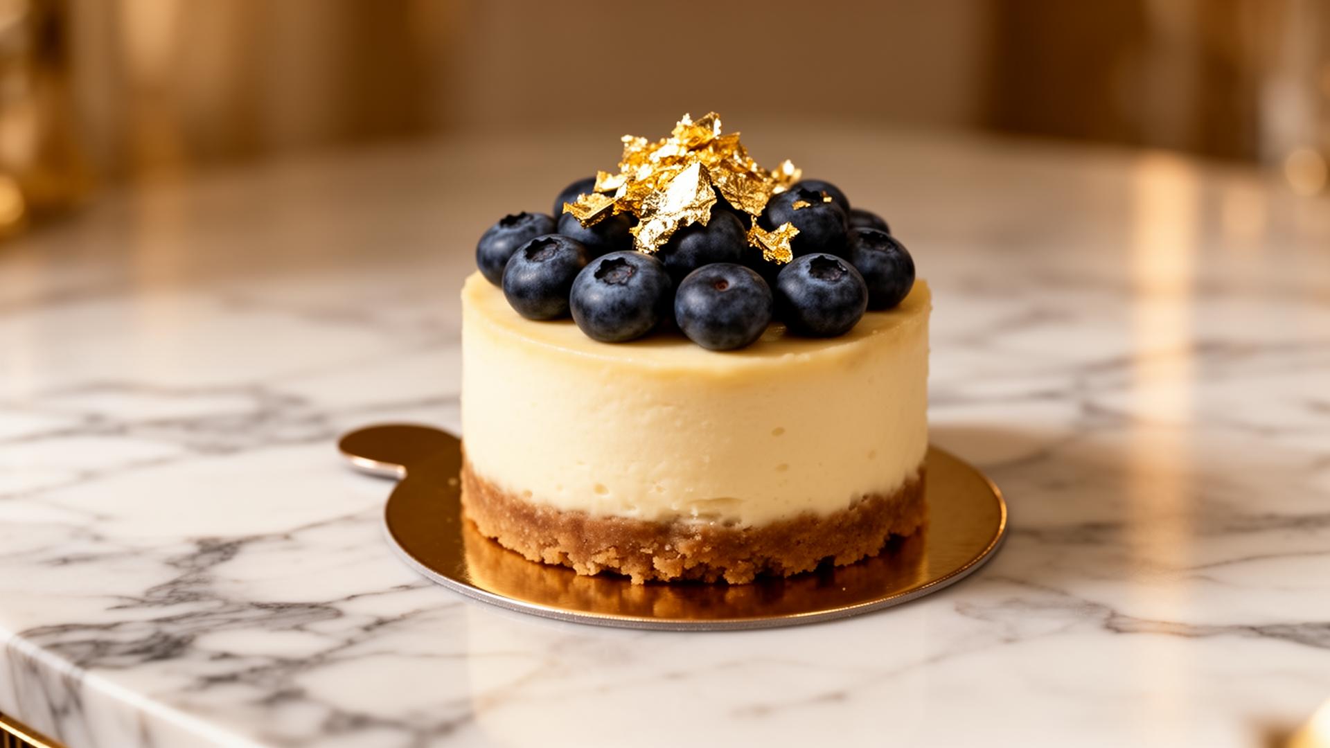 Luxury blueberry cheesecake with gold leaf